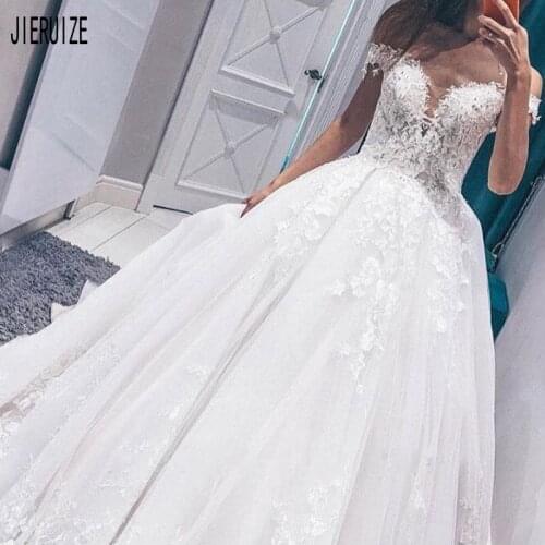 JIERUIZE Unique Boho Bridal Gown Lace Wedding Dress Applique Off Shoulder Wedding Gowns Sleeveless Long Princess Robe De Mariee