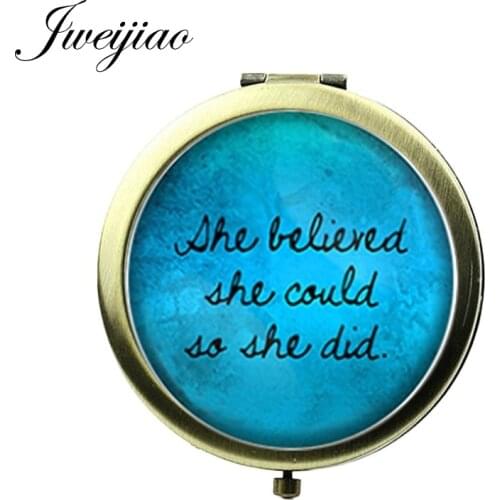 JWEIJIAO She believed she could as she did Pocket Mirror Favor Verse Quote Glass Cabochon Round Metal Floding Makeup mirrors