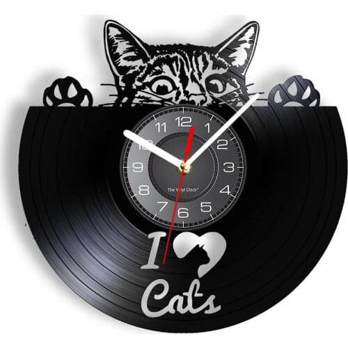 Cute Peek A Boo Peeking Cats Vinyl LP Record Wall Clock I Love Cats Kitten Owner Home Decor Watch Kitty Silhouette Crafts Clock