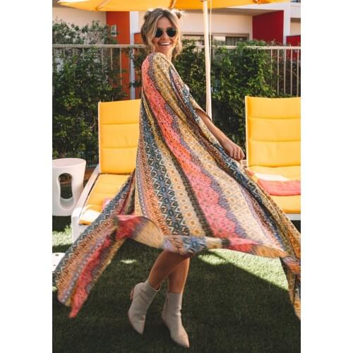 Fashion Women Casual Beach Blouse, Irregular Printed Pattern Half Sleeves Long Tops, Blue/ Yellow