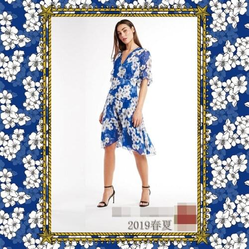 New spring and summer high-grade polyester blue printed fabric for dress shirt womens clothing cloth wholesale