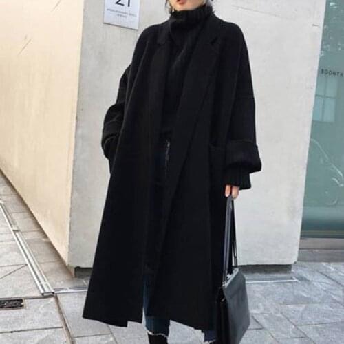 Newest 2020 Spring Autumn Loose Long Woolen Coat Women Long Sleeve Split Side Female Winbreaker Overcoat Abrigos Mujer LX1800