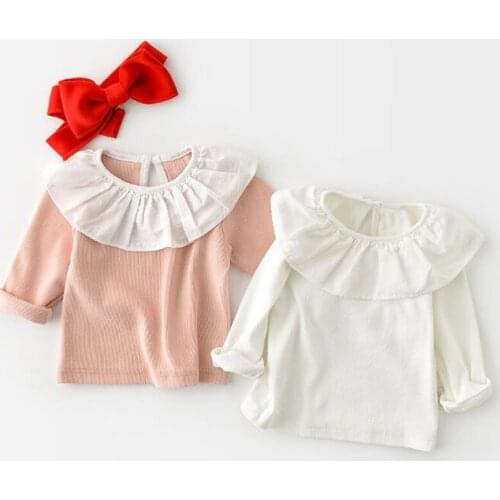 New 2021 Spring Kids Girl Long Sleeve Pure Color T-shirt Infant Baby Girl Newborn Lace Collar T-shirt Clothes Baby Girl T-shirt