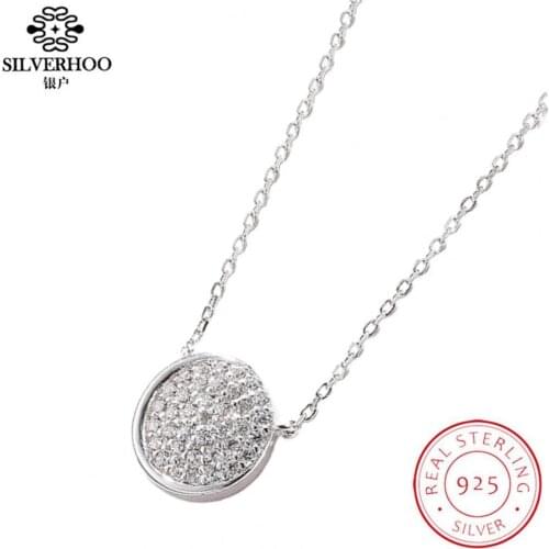 SILVERHOO 925 Sterling Silver Necklace For Womens Exquisite Cubic Zirconia Round Pendant Chain Girl Best Wedding Jewelry Gift