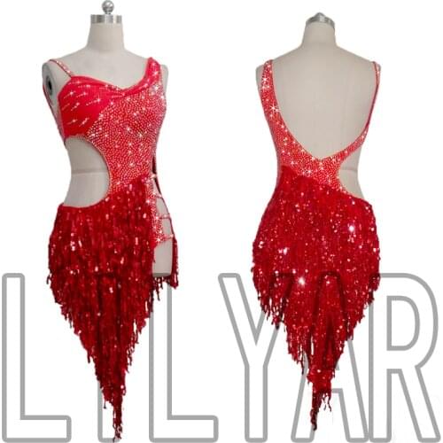 Customized new latin dance competition dress cha cha children adult performance clothing red sequins custom women dance skirt