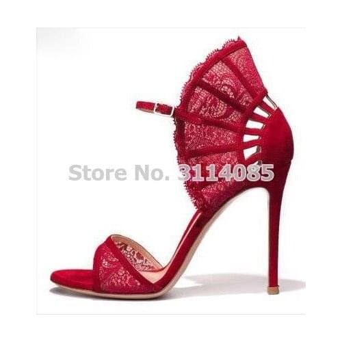 New Year Gift Ladies Red Black Gorgeous Lace Sandal Shoes Fan-shaped Wing Pattern Dress Pumps Unique Design Banquet Party Shoes