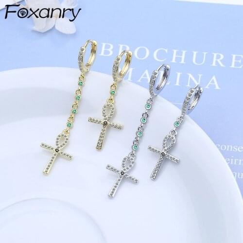 Foxanry Prevent Allergy 925 Sterling Silver Earring for Women Creative Elegant Sparkling Cross Zircon Pendant Bride Jewelry Gift