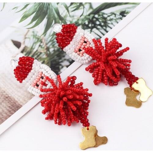 Santa Claus Red Rice Beads Earrings Festival Atmosphere Snowman Earrings Non Woven Handmade Beaded Christmas Holiday Earrings