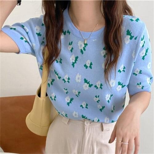 Alien Kitty Knitwear Chic Loose Summer Patchwork Florals 2021 New Short-Sleeved Hot Tops Casual Prom Lady Tee Retro T-shirts