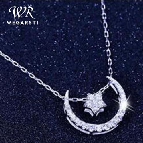 WEGARSTI Newest Zircon Necklace For Women Crystal Wedding Moon And Star Pendant Necklaces 925 Silver Accessories Elegant Gift