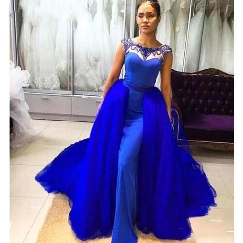 Royal Blue Evening Dresses With Detachable Train Beads Scoop Neck Tulle Floor Length Formal Dress Evening Dress Wear Robe