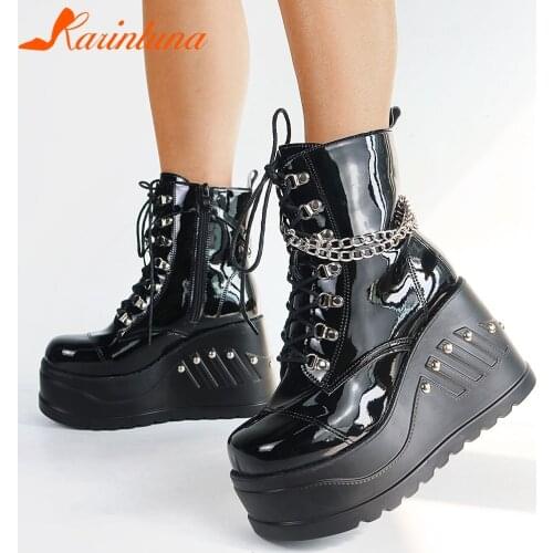 Luxury Brand Female Wedges High Heels Ankle Boots Fashion Zip Chain Punk Platform Women Boots 2021 Gothic Cosplay Shoes Woman