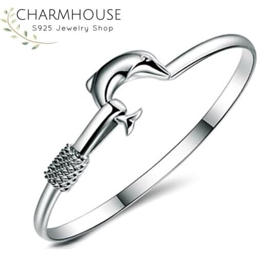 Solid 925 Silver Bangles & Bracelets For Women Dolphin Cuff Bangles Wristband Pulseira Fashion Wedding Jewelry Accessorie Bijoux