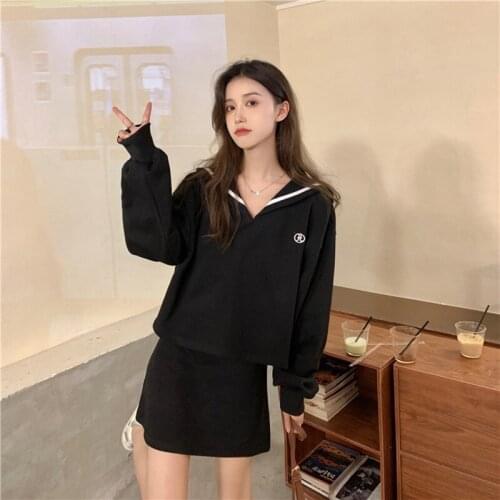 Black Skirt Set Sweet Casual Autumn 2021 Navy Neck Long Sleeve Pullover Women College Embroidered Crop Top+Sling Mini Dress Suit