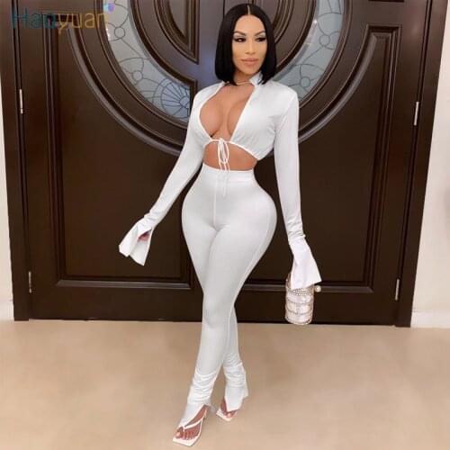 HAOYUAN Sexy Two Piece Outfits for Women Tracksuit Fall Clothes Lace Up Crop Top and Hem Split Pant Club Birthday Matching Sets