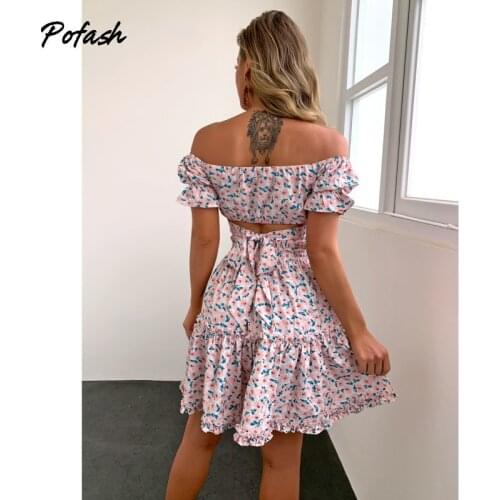 Pofash Ruffle Off Shoulder Summer Dress Backless Floral Print Women Two Pieces Outfits Puff Sleeves Top And Mini Skirts Set 2021