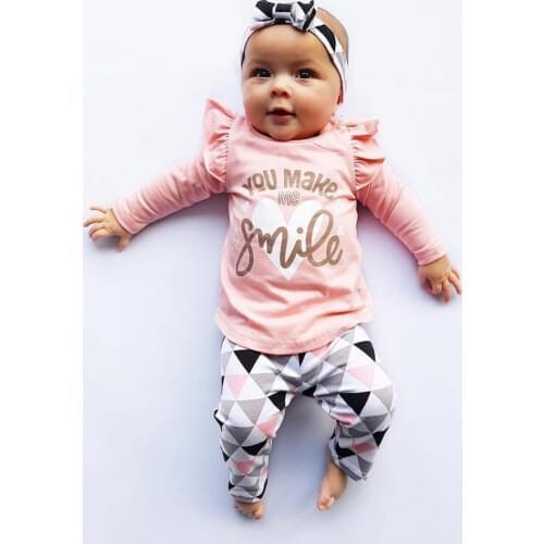 3Pcs Newborn Baby Girl Clothes Pink Sleeve Ruffle Tops+Geometric Pants+Headband Infant Toddler Baby Girls Clothing Set