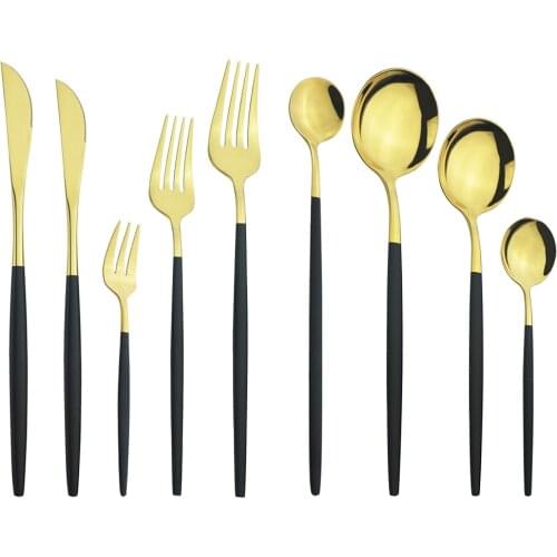 9Pcst Black Gold Cutlery Set Stainless Steel Dinnerware Tableware Knives Dessert Cake Fruit Forks Spoon Flatware Silverware Set