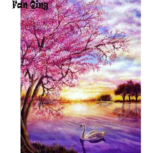 Diamond Painting Full Sunset River Scenery Mosaic Cherry Blossoms Swan Embroidery Landscape Wall Decor