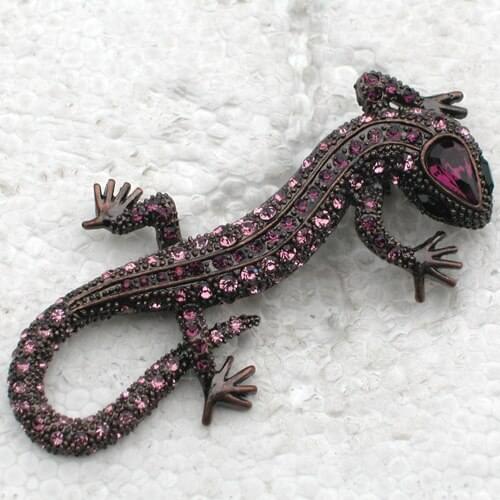 Antique copper Purple Rhinestone Gecko Pin brooches C2003 D3