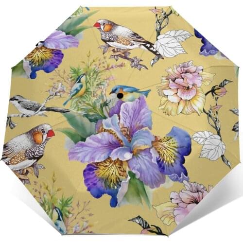 Automatic Umbrella Watercolor Flowers And Birds three-fold umbrella women men rain umbrella