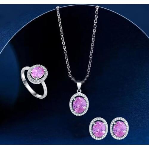 Ayowei simple style 925 silver pink zircon earrings Pendant necklace ring jewelry set Party gift preferred JS787A