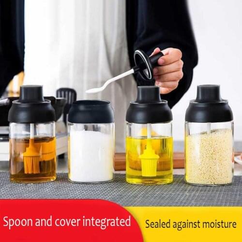 Seasoning jar lid spoon sealed bottle kitchen oil bottle with brush BBQ artifact household glass jar seasoning storage