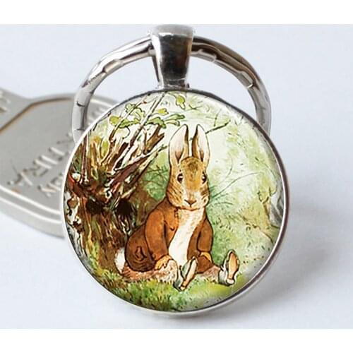 Benjamin Bunny Keychain Cabochon Keyring Charm Easter Bunny Glass Beatrix Potter Art Gift Oil Painting Key Chain Ring