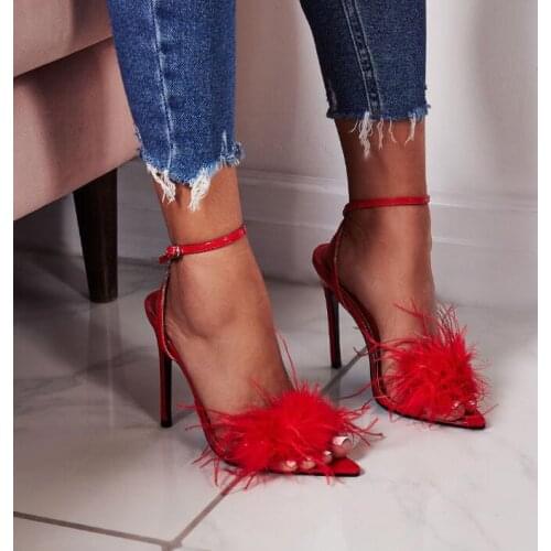 Carpaton 2019 Fashion Faux Fur Decorations High Heel Shoe Sexy Peep Toe Thin Heels Sandal for Woman Ankle Strap Summer Shoes