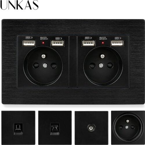 UNKAS Black Aluminum Panel EU / French Socket Dual USB Charge Port Hidden Soft LED + Female TV RJ45 Internet RJ11 Telephone Jack