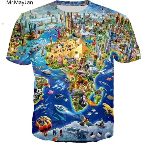 Funny World Map And Animals t shirt 3D Print Cool tshirt Men Women Casual Streetwear hip hop Ropa hombre clothes harajuku Tops