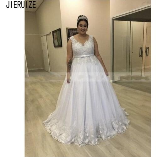 JIERUIZE Luxury Plus Size Wedding Dresses Sheer O Neck Bow Sashes Beaded Lace Appliques Backless Bridal Gowns vestido de novia
