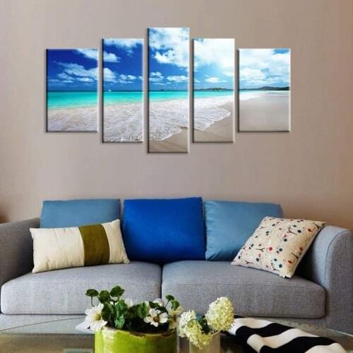 Blue Sea Wall Art Beach Painting Canvas Printed Seascape 5 Panels Landscape Picture for Kitchen Bathroom Wall Decor