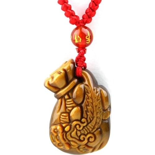 Chinese Natural Tiger-Eye Stone Purse Pixiu Pendant Necklace Hand-Carved Charm Jewelry Fashion Luck Amulet Gifts for Women Man
