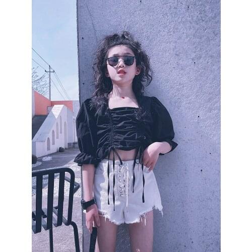 Girls Square Collar Short Shirts Summer Baby Jazz Dance Tops Teen Girls High Waist Cotton Shirts Fashon Mother and Me Clothes