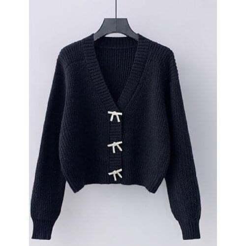 Short Rhinestone Bow Buckle Knitted Cardigan Women 2021 New Korean Fashion Loose All-Match Long-Sleeved Sweater Coat Top Female