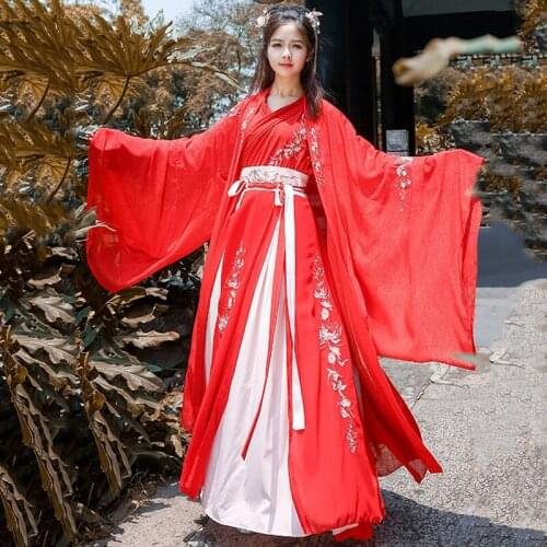 Red Hanfu For Women Embroidery Dance Costume Chinese Festival Outfit Folk Stage Performance Clothes Oriental Fairy Dress DF1014