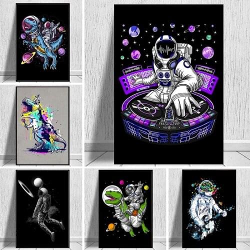 Colourful Astronaut and Funny DJ Spaceman Ride Dinosaur Cartoon Posters Prints Canvas Painting for Home Decor Wall Art Pictures