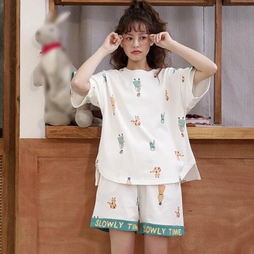 Summer Short Sleeved Cotton Womens Pajama Set Cute Girls Cartoon Printed Nightgowns Shorts Pajama Sets Sleepwear Home Clothing