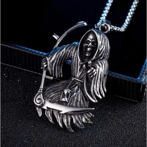 Death Sickle Titanium Steel Necklace Skull Pendant for Men Halloween Costume Punk Necklace with Chain