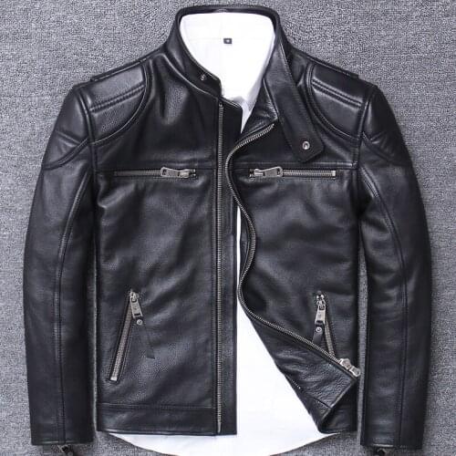 Tide man head layer pure cowhide genuine clothing stand lead short fund halley locomotive cycling wear leather thick moto jacket
