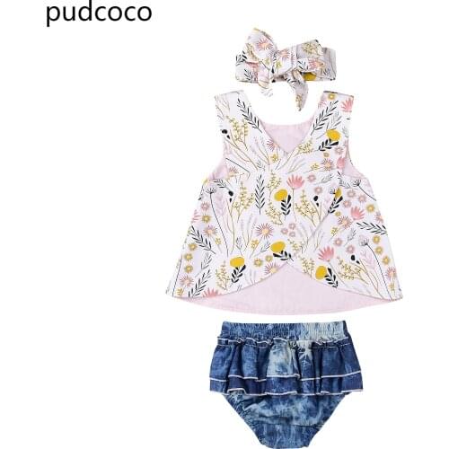 New 2020 Summer Flower Newborn Baby Girls Outfit Clothes Cross Print Tops T-shirt+Denim Shorts Headband 3pcs Kids Clothing Set