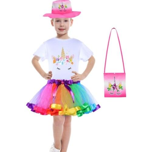 2020 New Girls Clothes Children Unicorn T-shirt Rainbow Puffy Skirt Christmas Birthday Party Clothing Halloween Costume for Kids