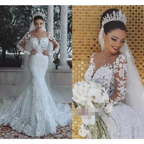 New Romantic Long Sleeve Satin Mermaid Wedding Dresses Beading Lace Princess Bridal Gown Custom Made Appliques See Through
