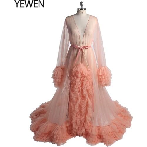 Salmon Tulle Evening Dress Long Sleeves Maternity Dress Photo Shoot Photo Props Photography Gown Vestidos De Fiesta De Noche