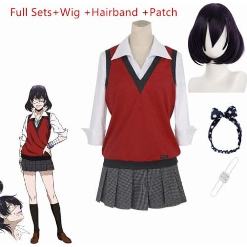 Kakegurui Midari Ikishima Cosplay Wig Short Black Purple Women Synthetic Hair Halloween Christmas Hair Band Eye Patch Skirt Set