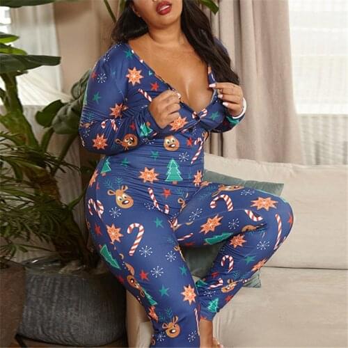 Sexy Women Onesies Pijamas Sleepwear Long Sleeve Buttoned Bodycon Romper Christmas Printing Club Pajamas Jumpsuit For Adults