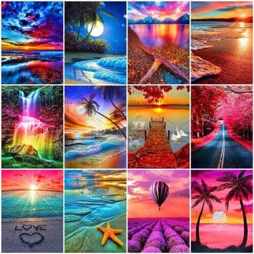 Full Drill Diamond Painting Sunset Scenery Cross Stitch Diamond Embroidery Seaside Landscape Mosaic Rhinestone Home Decoration