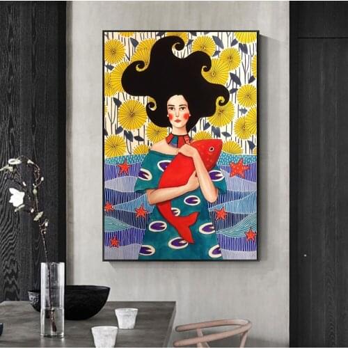 Nordic Portrait Canvas Paintings On The Wall Art Canvas Posters And Prints Abstract Girl With Fish Wall Pictures For Living Room