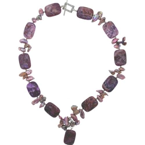 Rectangle Purple Jasper Cluster Pendant Necklace Irregular Freshwater Keshi Pearls Dangling Trendy Gift For Women Girls 18 Inch